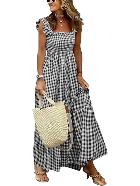 Dresses & Skirts - Women's Black Retro Plaid Smocked Spaghetti Strap Flounce Long Maxi Dress